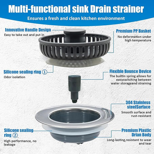 2 Pack 3 in 1 Kitchen Sink Drain Strainer Stopper & Stainless Steel Kitchen Sink Strainers Plug & Upgraded Sink Installation Parts with Anti-Clogging Basket, Fits US Standard 3-1/2'' Hole