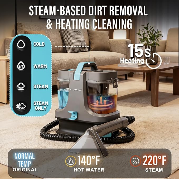 Starrybot Portable Carpet Cleaner Machine with Steam and Heating Techology,18Kpa Powerful Suction with Versatile Tools for Pets, Couch,Spot Cleaner for Stairs/Furniture/Rug(Gray)(AC0201)