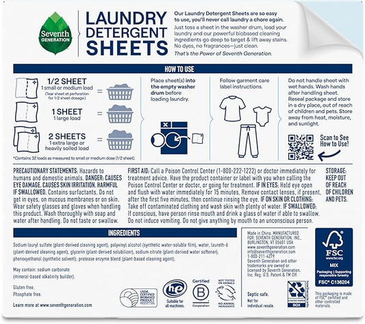 Seventh Generation Laundry Detergent Sheets 32ct Free & Clear Removes Tough Stains Safer for your family