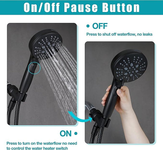Handheld Shower Head with on off Switch&Built-in Power Spray,7-Setting High Pressure Spray Shower Wand with 79in Long Hose&Bracket and Extra Adhesive Shower Holder for Lower Mount,Black