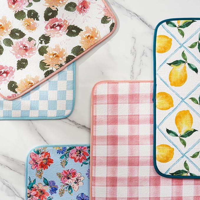 FRESHMINT Printed Dish Drying Mats for Kitchen Counter 2 Pack Absorbent Reversible Drying Mats Microfiber Kitchen Countertop Protector Dishes Drying Pad Extra Large 18"x16" Dish Mat (Floral)