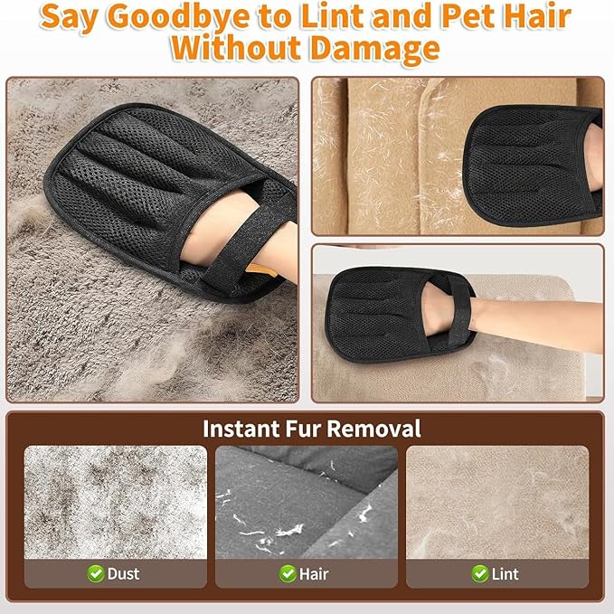 Pet Hair Removal Gloves, 2 Pack Reusable Electrostatic Cleaning Mitt for Couch, Carpet, Car Seats, Furniture, Black Mesh Design with Orange Pull Tab