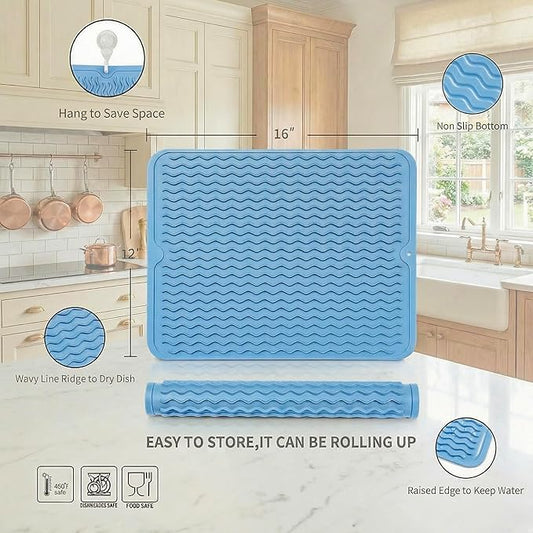 MicoYang Silicone Dish Drying Mat for Multiple Usage,Easy clean,Eco-friendly,Heat-resistant Silicone Mat for Kitchen Counter or Sink,Refrigerator or drawer liner Light Blue L 16 inches x 12 inches