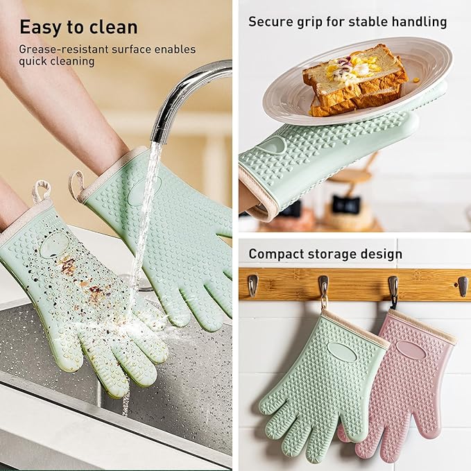 Silicone Oven Gloves with Fingers, High Temperature 450F Heat Resistant Oven Mitts Waterproof & Non-Slip Good Grip BBQ Grilling Gloves for Kitchen Cooking, Baking, Welding (Green) 