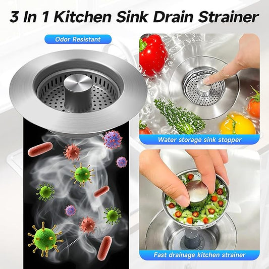 ULIOLI 3 in 1 Kitchen Sink Drain Strainer Sink Stopper, Stainless Steel Sink Drain Strainer with Anti-Clogging Basket, Kitchen Sink Drain Filter Plug for US Standard 3-1/2 Inch Drain (1Pack)