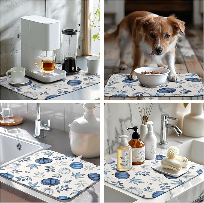 Fall Dish Drying Mat Blue Pumpkin Maple Leaves Drying Mats for Kitchen Counter 16x18 Inch Autumn Thanksgiving Absorbent Microfiber Dish Draining Mat Dishes Pad with Hanging Loop