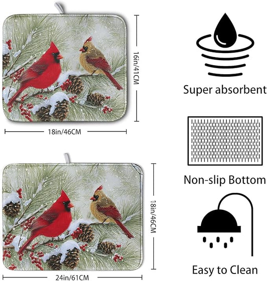 Winter Dish Drying Mat for Kitchen Counter 18x24 Inch Christmas Red Birds Drying Mats Xmas Holiday Microfiber Absorbent Dishes Drainer Mats Cardinal Dish Rack Pad