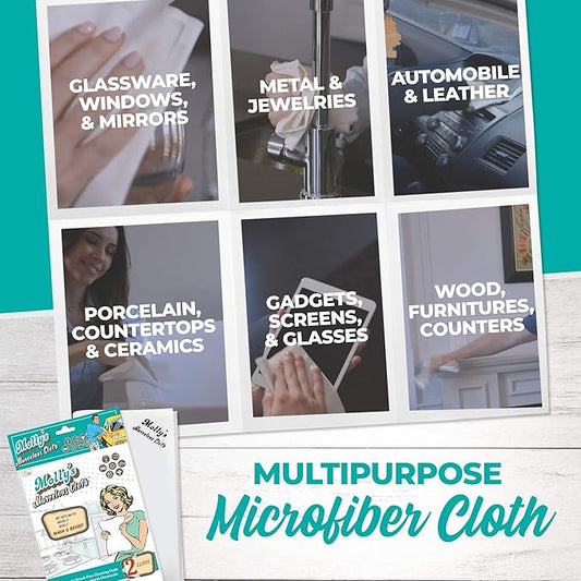 Molly's Marvelous Cloth, Streak-Free, Lint-Free Microfiber Cleaning Cloth, Polishing Cloth for Glass, Stainless Steel, Use for Kitchen, Bath, Cars, Detailing, Reusable (2pk, White)