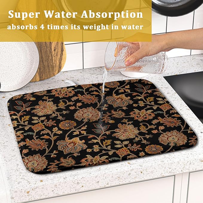 Vintage Tapestry Floral Dish Drying Pad 16 x 18 Inch With Absorbent Reversible Microfiber Black Brown Boho Carpet Flowers Drying Mats Dish Drainer Mat Fast Dry For Kitchen Dining Room Decoration