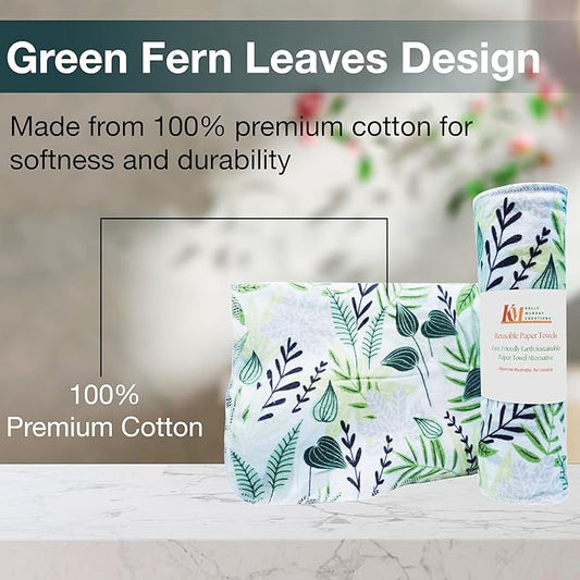 Pack of 10 Reusable Paper Towels | 10x10 Inch Cotton Towels | Kitchen Utensils Print | Eco Friendly, Washable, Quick Drying | Sustainable Cleaning Cloths | Green Fern Leaves