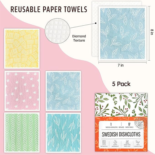 Swedish Dishcloths for Kitchen, 5 Pack Reusable Paper Towels Washable, Super Absorbent Swedish Dish Cloths, Non-Scratch, No Odor