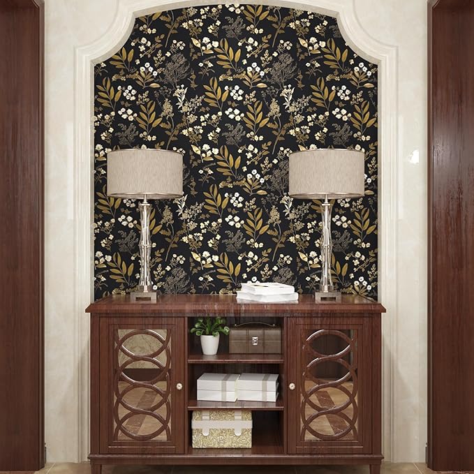 Laatse Leaf Wallpaper Peel and Stick Dark Floral Wallpaper 17.5in x 197in Vintage Leaf Contact Paper Vinyl Waterproof Self Adhesive Boho Botanical Wall Paper for Bedroom Cabinet Décor