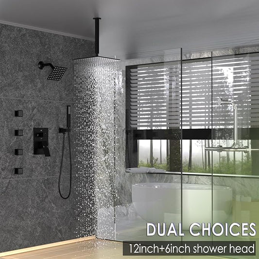 Enga Dual Shower Head Shower System with Body Jets, 12" Ceiling Mounted Rain Shower Head & 6" Wall Mounted Head Full Body Rainfall Shower Faucet with Valve Kit, Matte Black
