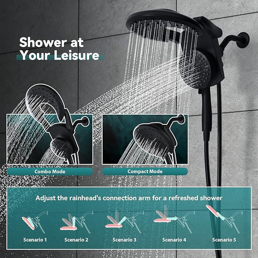 Rain Shower Head with Handheld: Foldable High Pressure Shower Heads with Handheld Spray Combo, 9 Spray Settings/Modes Hand Held Showerhead Dual Rainfall Shower Head Built-in Magnetic Docking and Jets