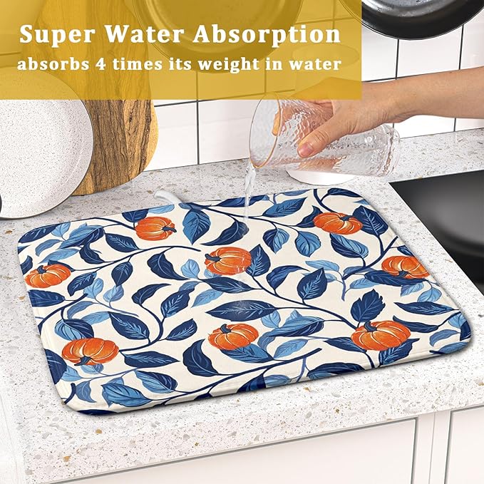 Autumn Pumpkin Dish Drying Mat for Kitchen Counter 16x18 Inch Blue and Orange Fall Thanksgiving Leaf Absorbent Reversible Microfiber Dish Drainer Rack Mats Countertops Protector Mat