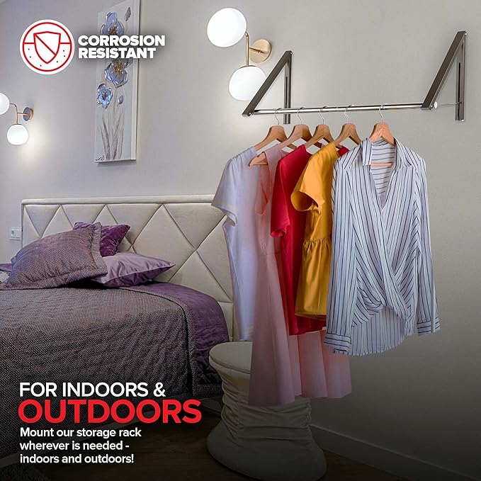 Double Foldable Clothing Rack w/ Extension Rod, Wall-Mounted Retractable Clothes Hanger for Laundry Dryer Room, Hanging Drying Rod, Small Collapsible Folding Garment Racks, Dorm Accessories (Gray)