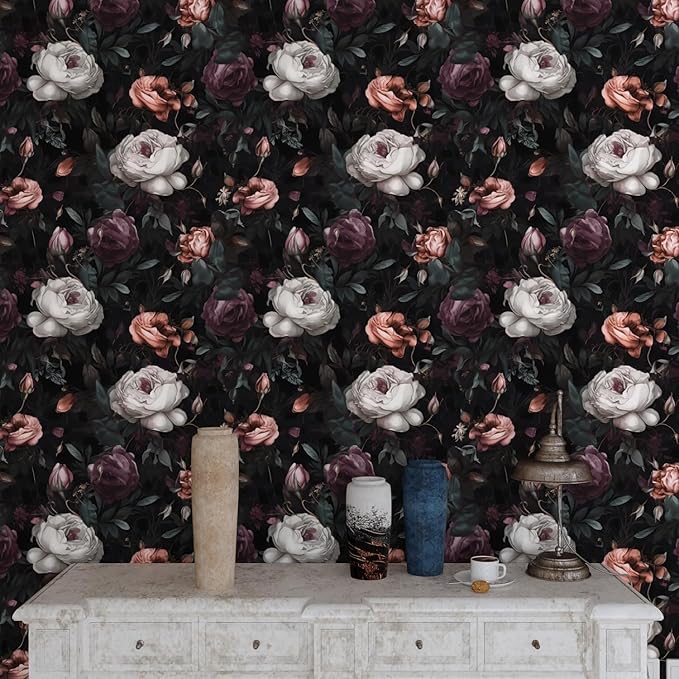 Laatse Dark Floral Peel and Stick Wallpaper, Vintage Rose Flower Contact Paper 17.5in x 197in Waterproof Self Adhesive Boho Black Wall Paper for Bedroom Walls Bookcase Drawers Decor