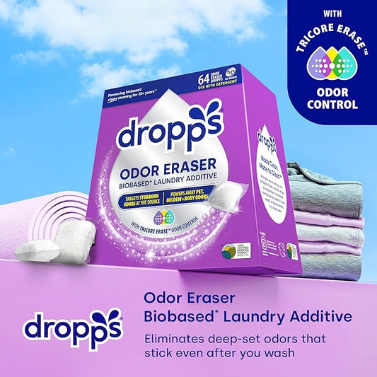 Dropps Odor Eraser Pods (64 Count) - Powered by TriCore Erase | Use With Detergent | Odor Remover | For Sweat, Musty Towels, Mildew, Pet & Body Odors | Clean Laundry Booster | Plastic-Free Packaging