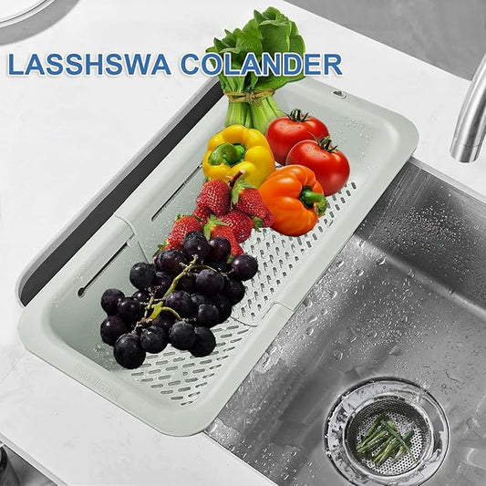 LASSHSWA Collapsible Colander for Kitchen, Over the Sink Strainer Basket for Kitchen, Fruit Pasta Food Strainer Expandable Plastic Colander BPA Free (Light Gray)