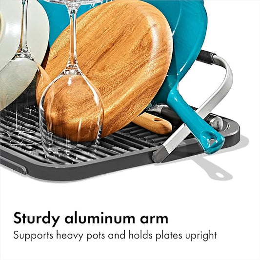OXO Good Grips Compact Drying Rack with Dish Rest, Aluminum Folding Dish Drying Rack for Glassware and Cookware, Drain Board with Non-Slip Feet for Countertop or Kitchen Sink