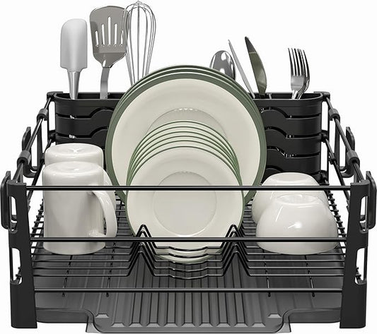 Simple Houseware Dish Drying Rack with Drainboard, Utensil Holder & Mug Hooks, Black Metal Kitchen Counter Organizer