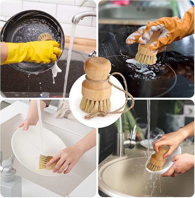 12 Pcs Bamboo Dish Brush, Wooden Bamboo Dish Scrub Brushes, Round Wooden Dishwashing Brush Sisal Bristles for Pan Pot Sink Kitchen Cleaning