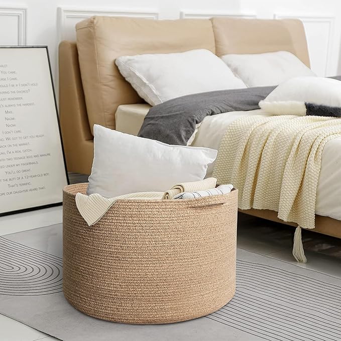Large Wicker Storage Basket, 22” X 22” X 14” Woven Cotton Rope Basket, Kids Dog Toy Bin Organizer, Blanket Pillow Holder for Living Room, Brown Variegated Wicker Baskets for Organizing