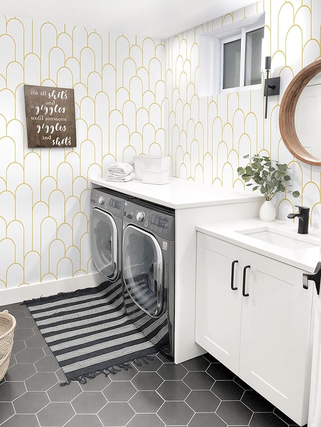 Yasinet Peel and Stick Wallpaper White and Gold Wallpaper Geometric Contact Paper Modern Stripe White Gold Removable Self Adhesive Wall Paper Decorative Wall Bedroom Vinyl Film 17.3''x118''
