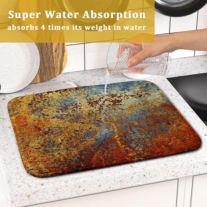 Brown Rust Colorful Metal Rusty Steel Iron Dish Drying Pad 16 x 18 Inch With Absorbent Reversible Microfiber Modern Abstract Drying Mats Dish Drainer Mat Fast Dry For Kitchen Dining Room Decor