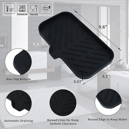 MicoYang Silicone Bathroom Soap Dishes with Drain Spout-Bathroom and Kitchen Sink Organizer,Sponge Holder,Dish Soap Tray,Perfect for Dispenser,Scrubber,Bottle,Cup on Sink or Counter-Black 9.6"×5.3"
