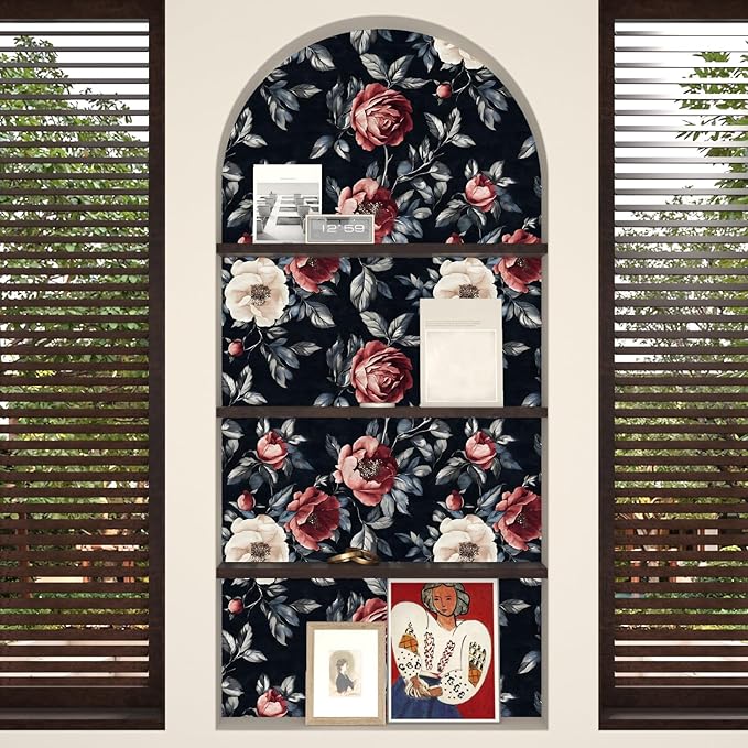 Fvlow Black Floral Wallpaper Peel and Stick 17.4" x 118" Dark Floral Contact Paper Red and White Flowers Vintage Waterproof Self Adhesive Covering for Bedroom Cabinet Bathroom Home Decor