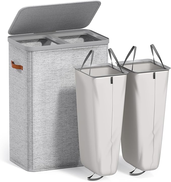 Sorbus Laundry Hamper with Lid - Collapsible 2-Compartment Fabric Laundry Basket with Handles and Removable Laundry Bag – 45 Gallon (170 L) Dirty Clothes Hamper for Bedroom, bathroom and dorm (Gray)