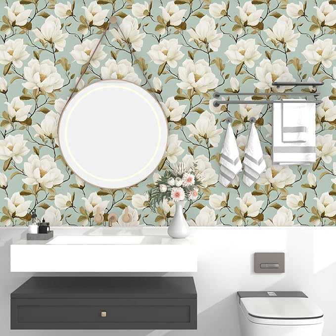 Modern Green White Flowers Wallpaper Blue Floral Peel and Stick Contact Paper 17.5"X118" Vinyl Waterproof Self Adhesive Removable Boho Modern Botanical Wall Paper for Bedroom Walls Cabinet Locker