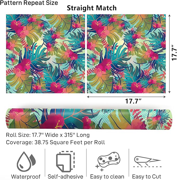 VaryPaper 17.7"x315" Tropical Peel and Stick Wallpaper Leaf Floral Wallpaper Waterproof Decorative Floral Contact Paper for Walls Removable Self Adhesive Wall Mural for Bedroom Bathroom Cabinets