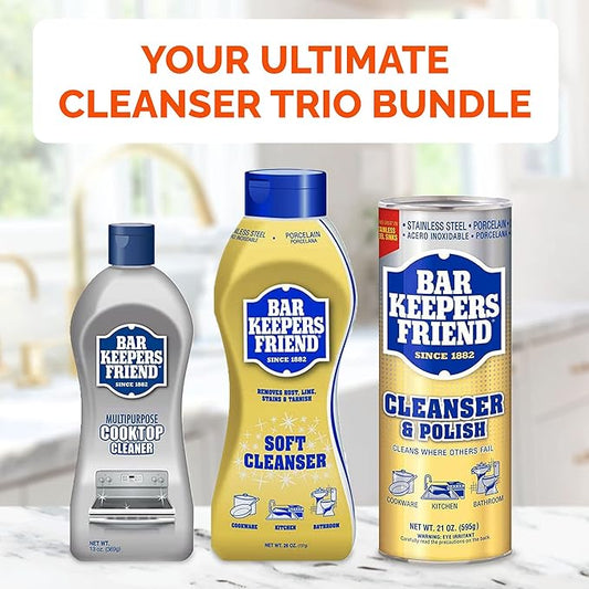 BAR KEEPERS FRIEND Cleanser Trio - Mega Bundle (21 Oz Cleanser and Polish Powder | 26 Oz Liquid Soft Cleanser | 13 Oz Cooktop Cleaner) Plus 1 Foxtrot Microfiber Towel and 1 Microfiber Scrubber Sponge
