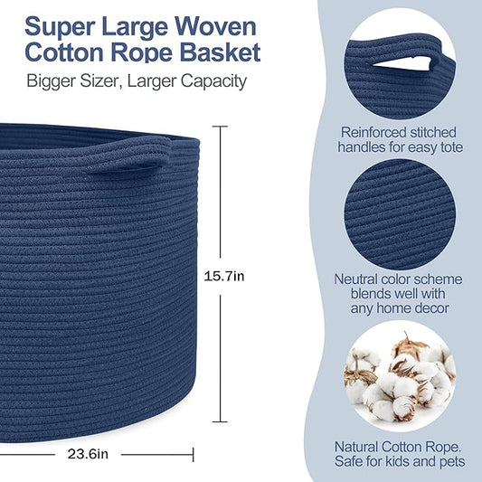 115L Dark Blue Basket for Organizing, 23.6" x 15.7" XXXL Woven Cotton Rope Laundry Basket, Oversized Blanket Storage for Living Room Bedroom, Kids Toy Box Organizer, Pool Towel Storage Bin