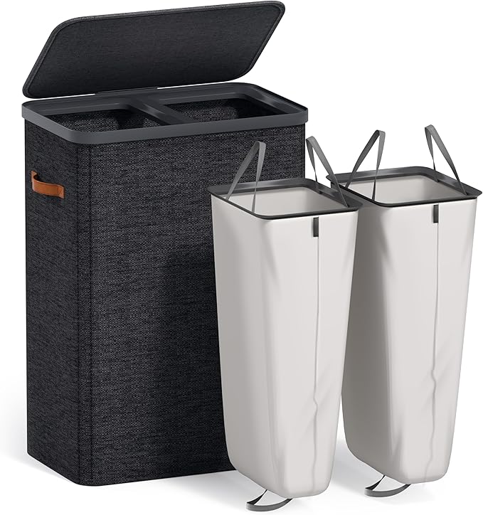 Sorbus Laundry Hamper with Lid - Collapsible 2-Compartment Fabric Laundry Basket with Handles and Removable Laundry Bag – 45 Gallon (170 L) Dirty Clothes Hamper for Bedroom, bathroom and dorm (Black)