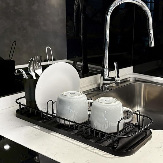 SunnyPoint 304 Stainless Steel NeverRust Compact Dish Drying Rack with Utensil Holder & Removable Drain Tray, Rustproof Small Dish Rack for Kitchen Countertop or Over Sink – Black