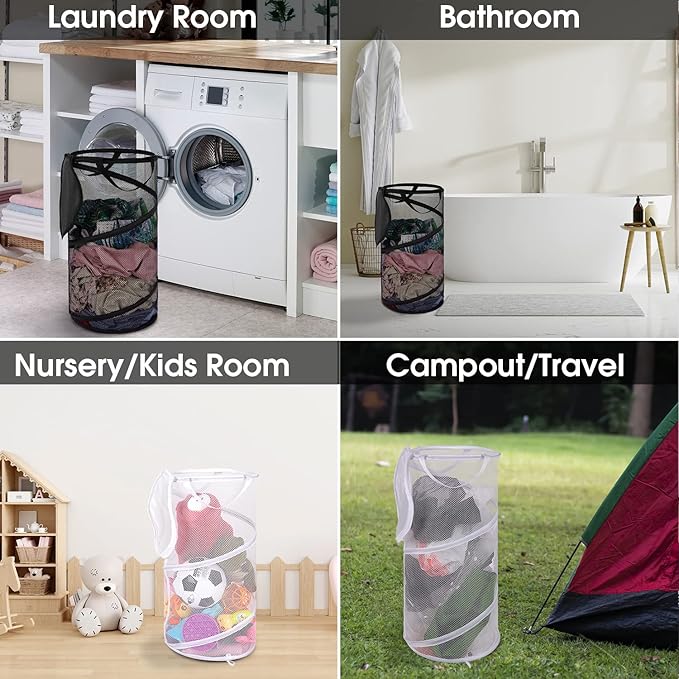 BATTOO 2 Pack Collapsible Laundry Basket with Lid Foldable Mesh Pop Up Hamper with Handles for Laundry Room, Bathroom, Kids Room, College Dorm, Travel, Storage Organizer Black+White