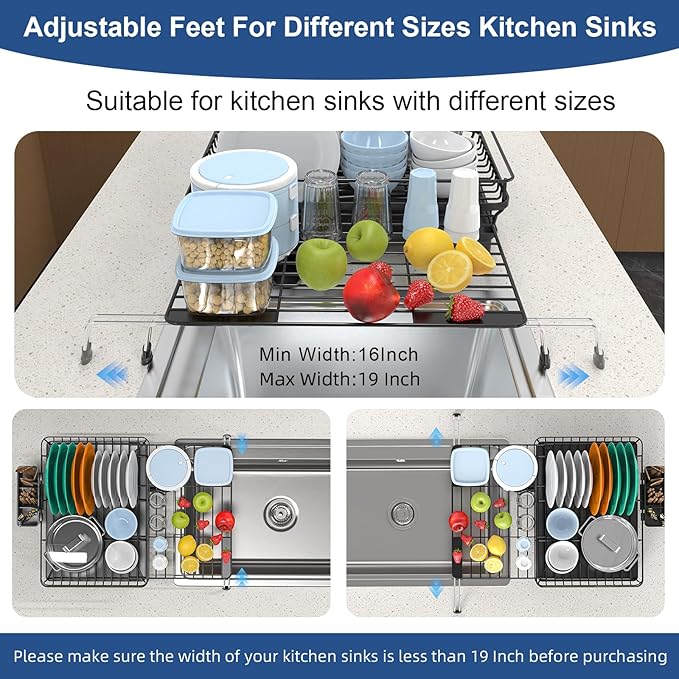 Expandable Dish Drying Rack,Rust-Proof Metal Dish Racks for Kitchen Counter with 360° Swivel Drain Spout,Space-Saving Dish Drainer with Utensil Holder for Small Apartment & Home Organization