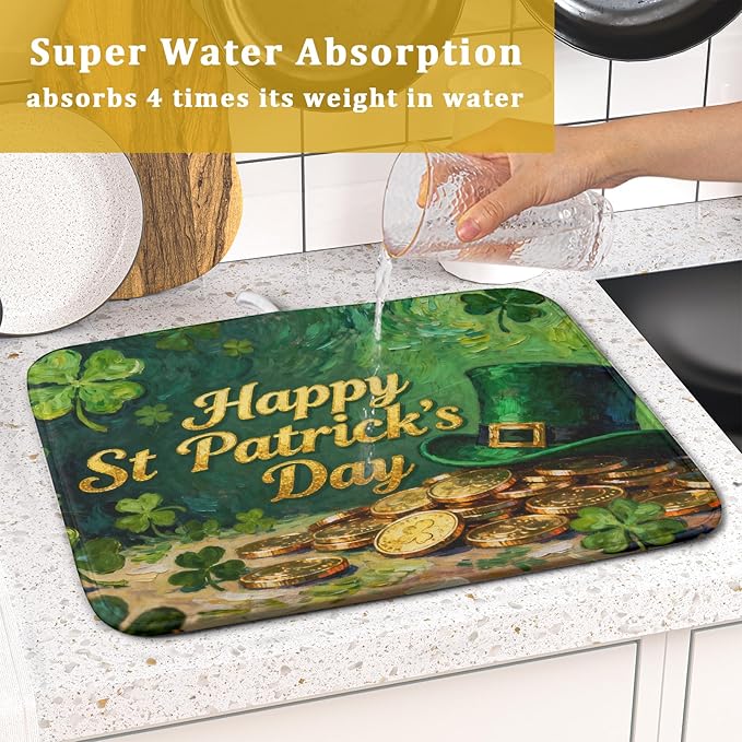 St Patrick's Day Dish Drying Mat for Kitchen Counter 16x18 Gold Green Lucky Clover Hat Coin Happy Holiday Absorbent Reversible Microfiber Drying Mats Kitchen Countertop Protector Dishes Drainer Pad