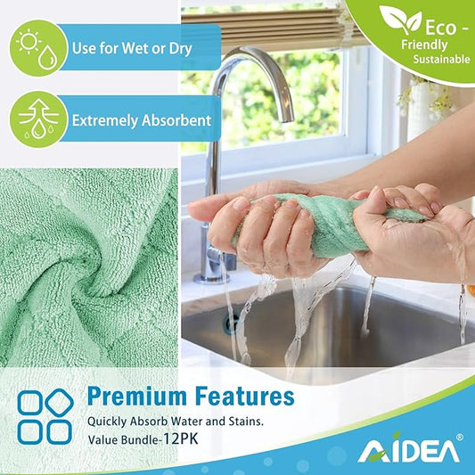 AIDEA Kitchen Towels, 12 Pack Absorbent Coral Fleece Dish Towels, No Odor Reusable Dish Cloths, Microfiber Cleaning Cloths, Fast Drying Dishcloths, 6.3" x10.4"