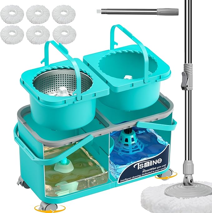 Easy-Use Spin Mop for Cleaner, Controlled Rinsing, Clean & Dirty Water Separation Mop Bucket for Pet & Family Homes,360° Swivel Wheels, Safe for Hardwood & Tile, Adjustable Handle,6 Reusable Mop Heads