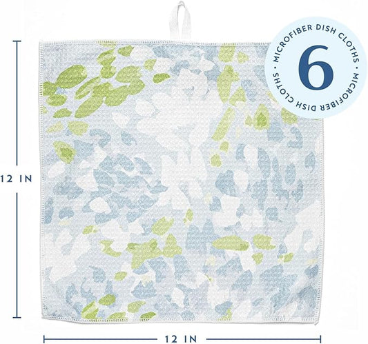 ELYN Microfiber Kitchen Dish Cloth Set, Quick-Dry & Absorbent Waffle Weave Cleaning Towels, Set of 6 Wash Cloths, Paper Towels & Sponge Alternative (Painterly Floral & Grid)
