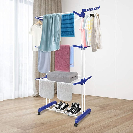 Clothes Drying Rack with Wheels, Multifunctional, 4 Levels, Foldable Stand, Space Saving with Wings Laundry Tower for Indoor and Outdoor Use (Blue White)
