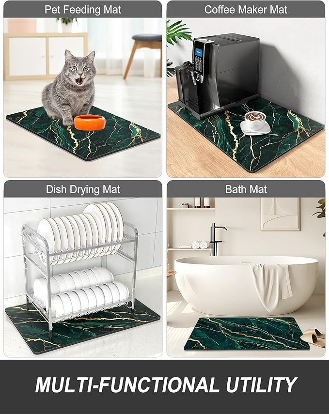 Rnivvi Dish Drying Mat for Kitchen Counter, 12 x 19" Cute Marble Super Absorbent Draining Pad, Non-Slip Heat Resistant Coffee Bar Mats for Coffee Machine Station Accessories, Green Gold Dish Rack Pad