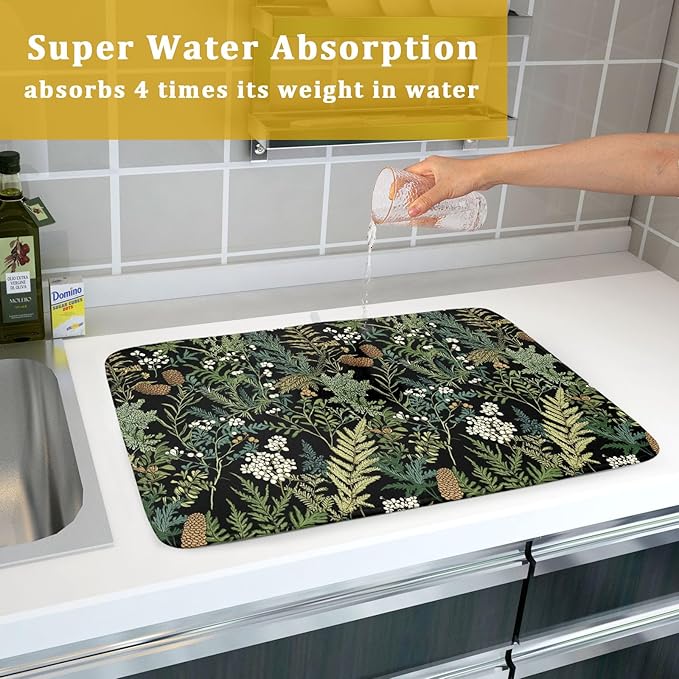 Green Plant Fern Leaves Floral Dish Drying Pad 18 x 24 Inch With Absorbent Reversible Microfiber Black Flower Botanical Leaf Vintage Drying Mats Dish Drainer Mat Fast Dry For Kitchen Dining Room