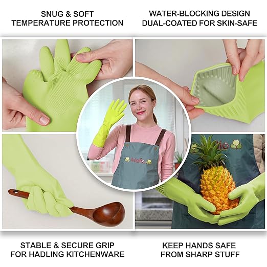 Reusable Waterproof Household Dishwashing Cleaning Rubber Gloves, Non-Slip Kitchen Glove (Green, Medium (Pack of 3))