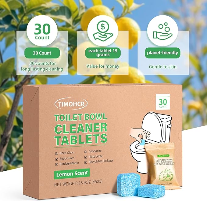 Toilet Bowl Cleaner Tablets 30 Big Pack Fast Dissolve Plastic-free Powerful Clean Septic Safe Deodorize Remove Rust & Stains Bathroom Cleaner Lemon Scent