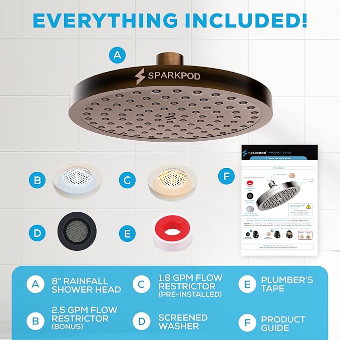 SparkPod Shower Head - High Pressure Rain - Premium Quality Luxury Design - Easy Clean Adjustable Replacement for Your Bathroom Shower Heads (Vintage Oil Rubbed Bronze, 8 Inch Round)